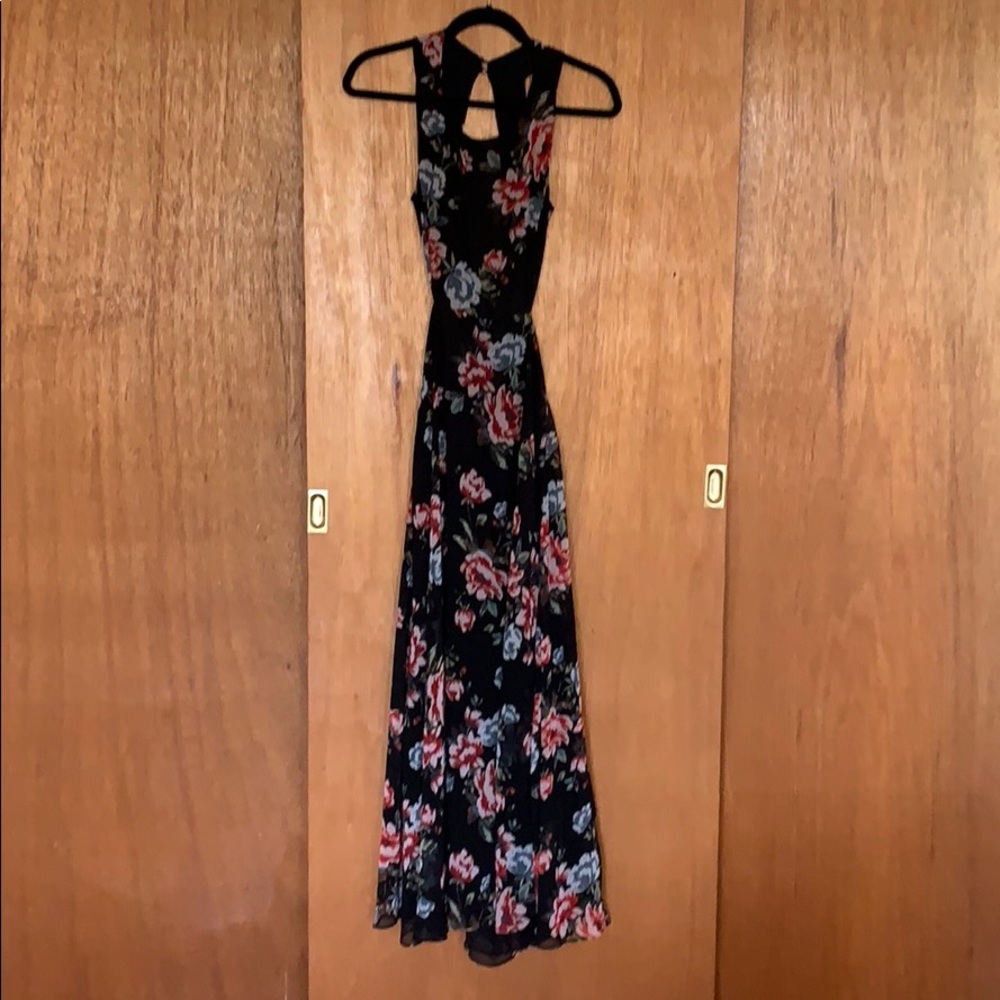 Long black cutout floral dress